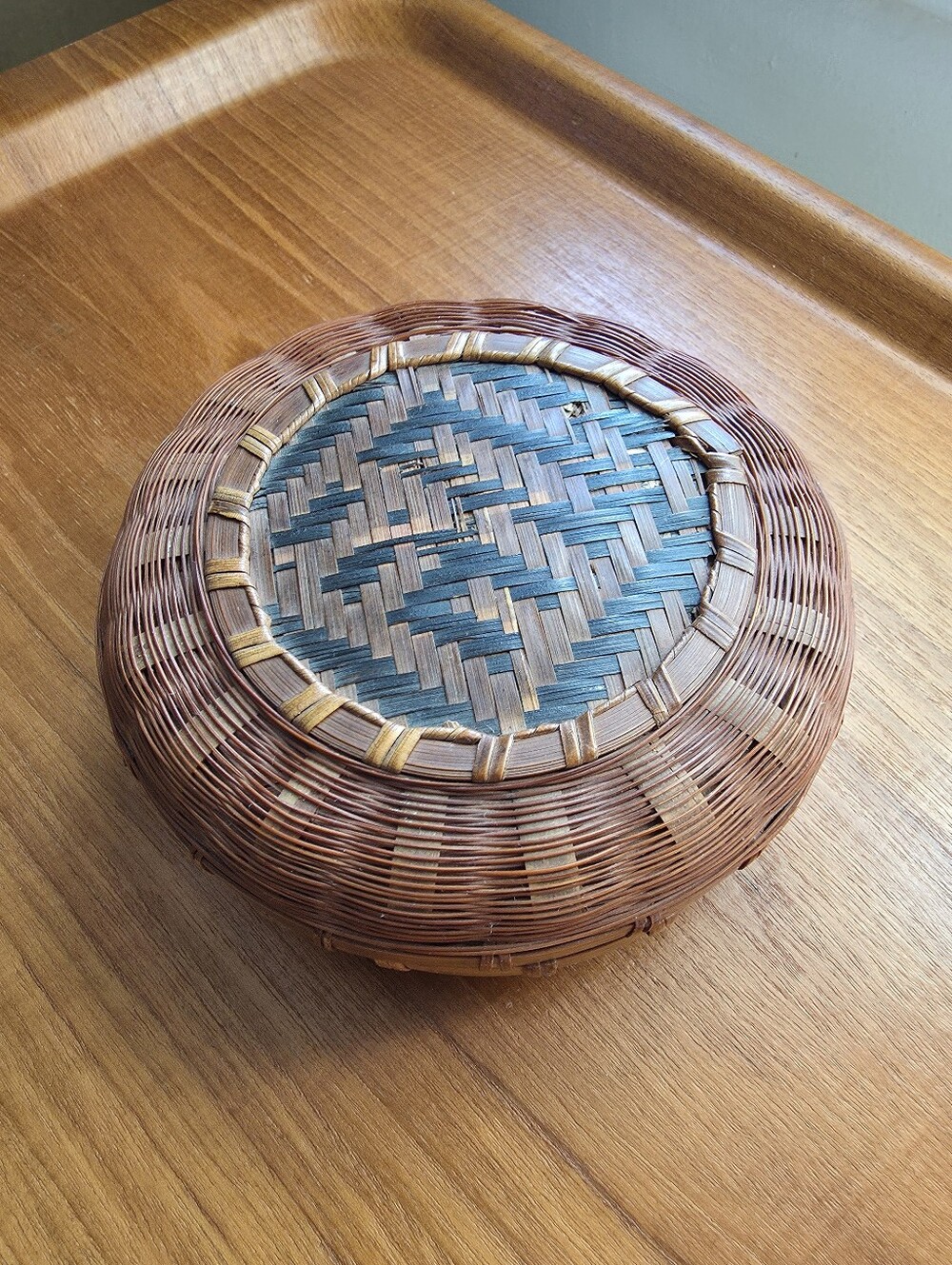 Antique Hand Woven Lidded Chinese Sewing Basket